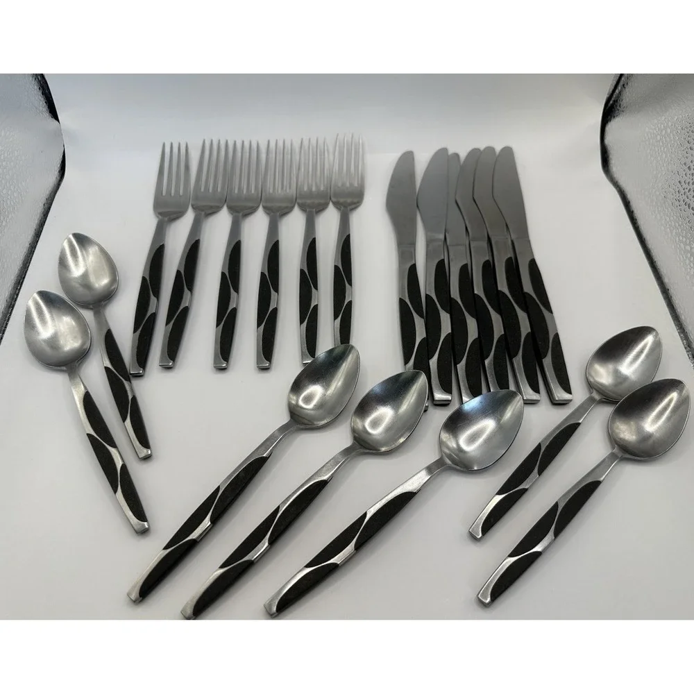 Service for 6 Vintage Japan Black Half Circle Flatware Forks Knives Tablespoons